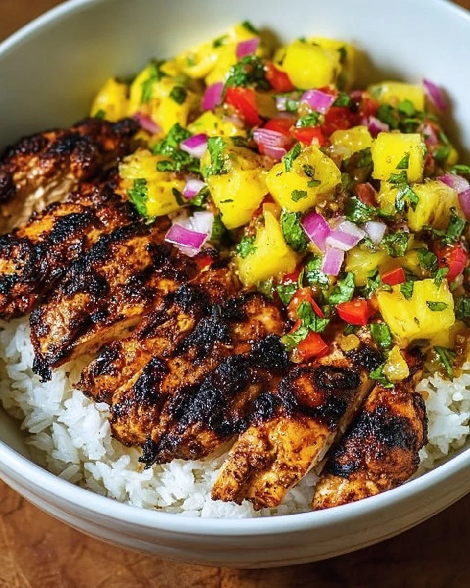 Delicious jerk chicken bowl with vibrant pineapple salsa
