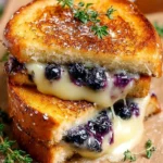 A gourmet blueberry grilled cheese sandwich with melting cheese and fresh blueberries.
