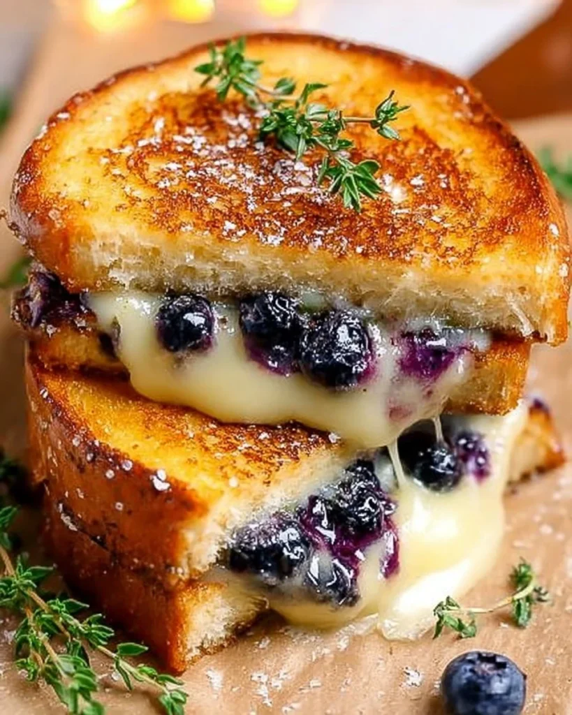 A gourmet blueberry grilled cheese sandwich with melting cheese and fresh blueberries.