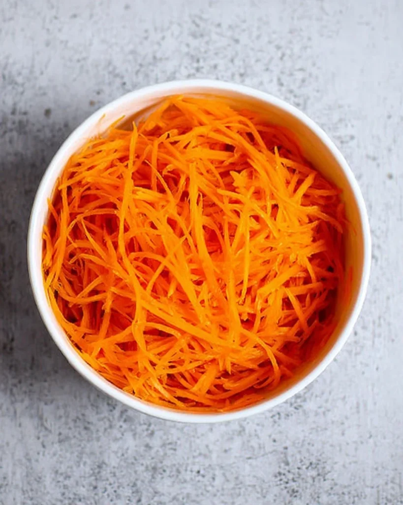 Korean Carrot Salad Morkovcha served in a bowl with spices