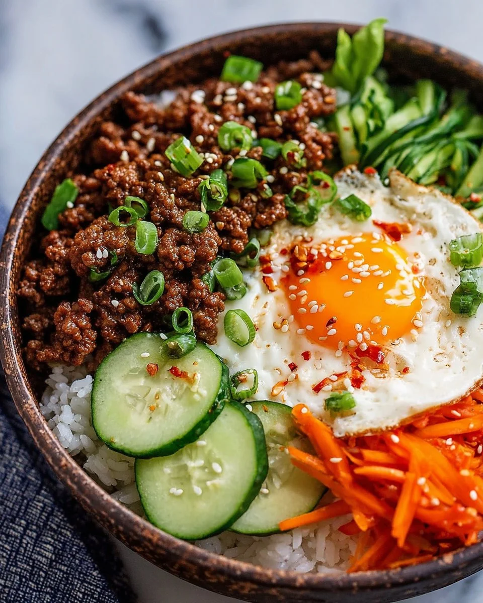 Korean Ground Beef Bowl topped with vegetables and spices