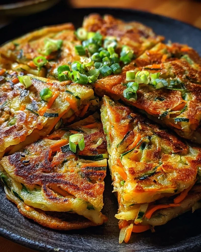 Plate of delicious Korean pancakes with vegetables and dipping sauce