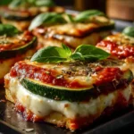 Layered zucchini ricotta melts with marinara sauce served on a plate