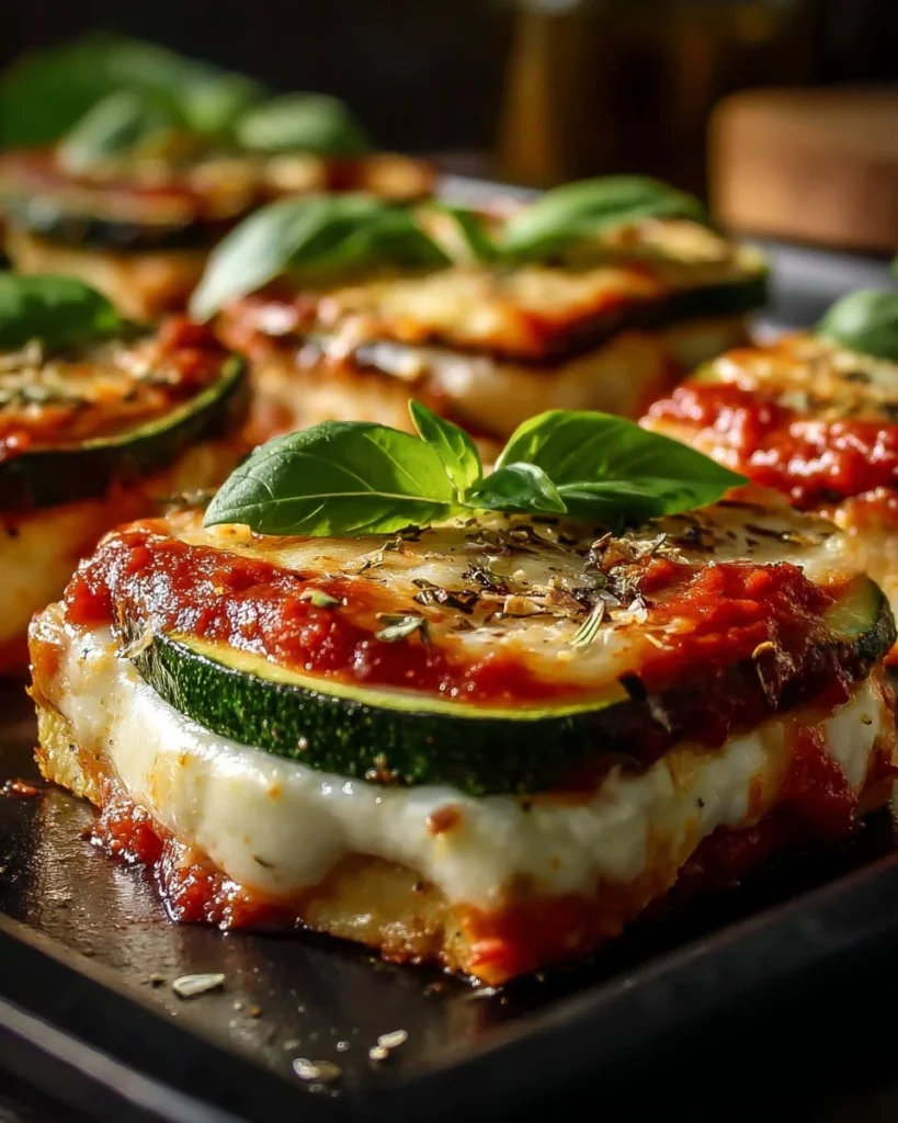 Layered zucchini ricotta melts with marinara sauce served on a plate