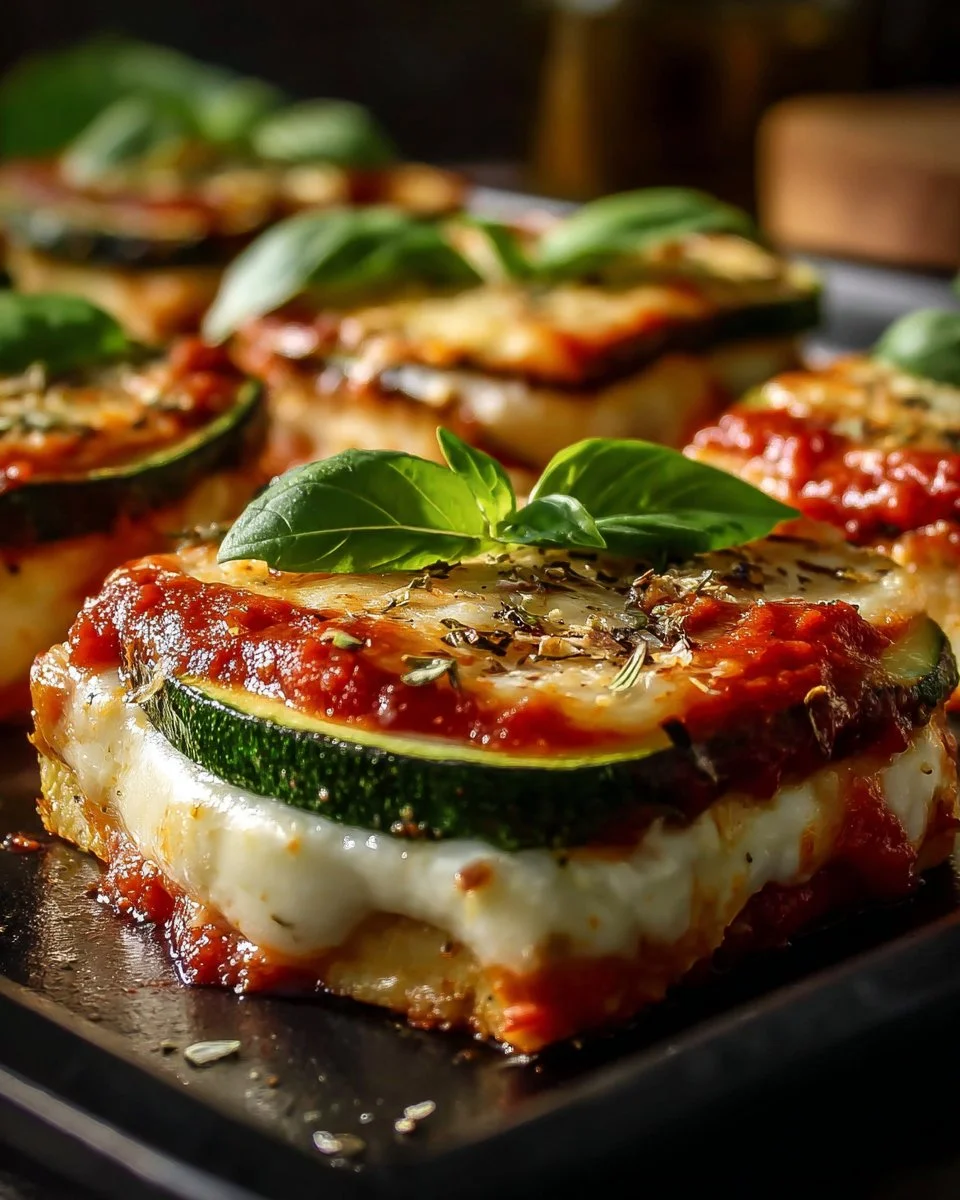 Layered zucchini ricotta melts with marinara sauce served on a plate
