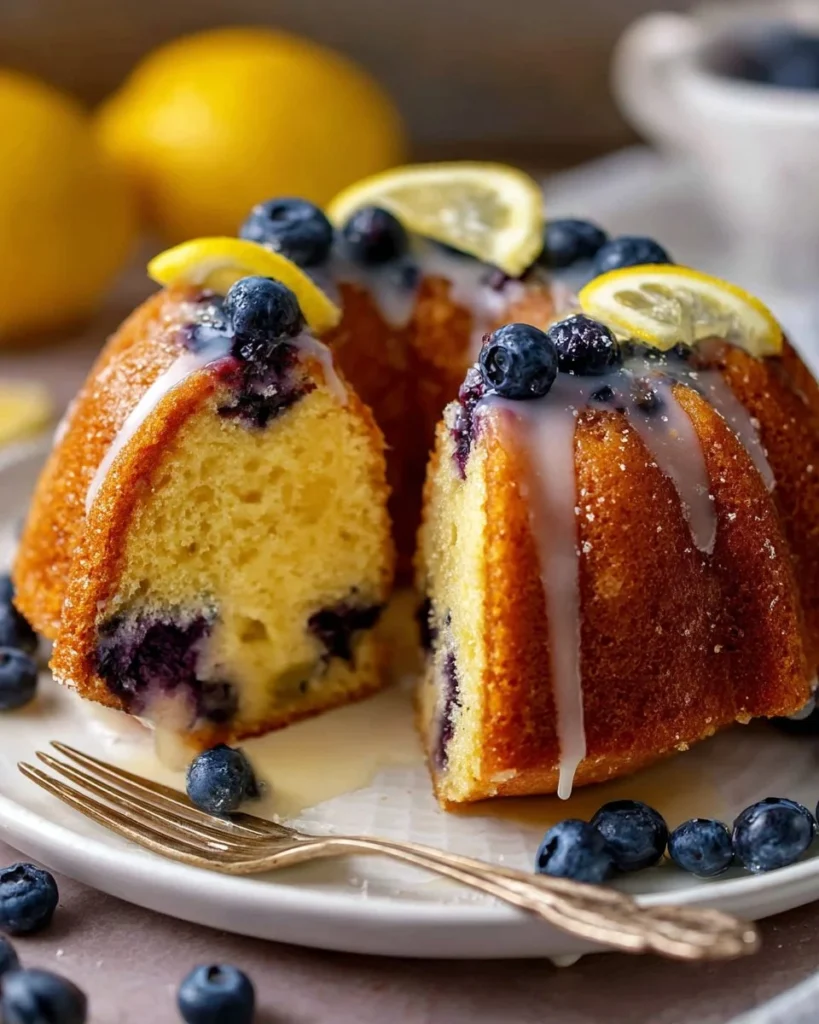 Delicious Lemon Blueberry Bundt Cake on a rustic wooden table