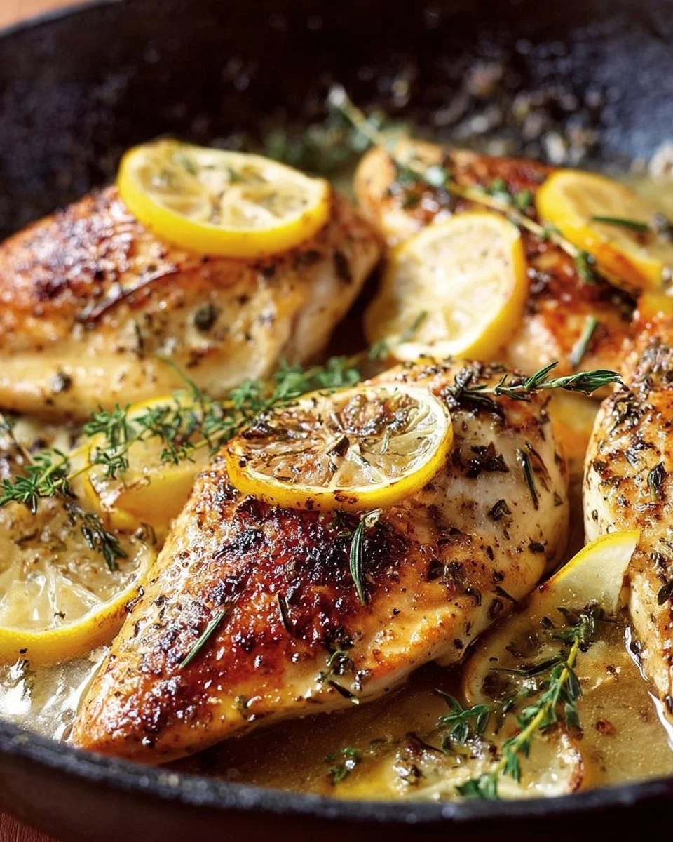 Delicious lemon chicken breast served with vegetables and herbs.