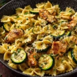 Creamy lemon chicken pasta meal garnished with herbs
