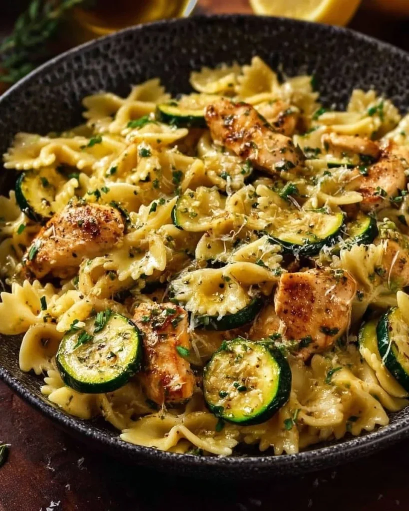 Creamy lemon chicken pasta meal garnished with herbs