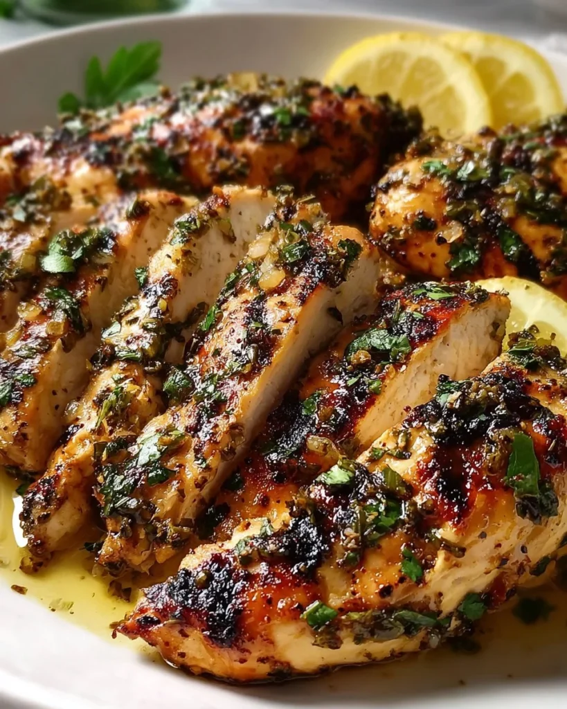 Lemon & Garlic Greek Marinated Chicken on a plate with herbs and spices