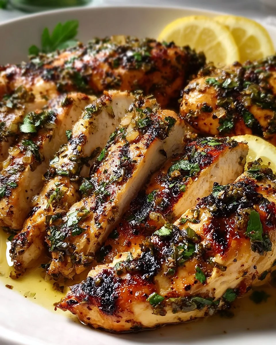Lemon & Garlic Greek Marinated Chicken on a plate with herbs and spices