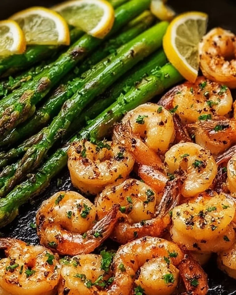 Delicious Lemon Garlic Shrimp served with asparagus for a healthy meal