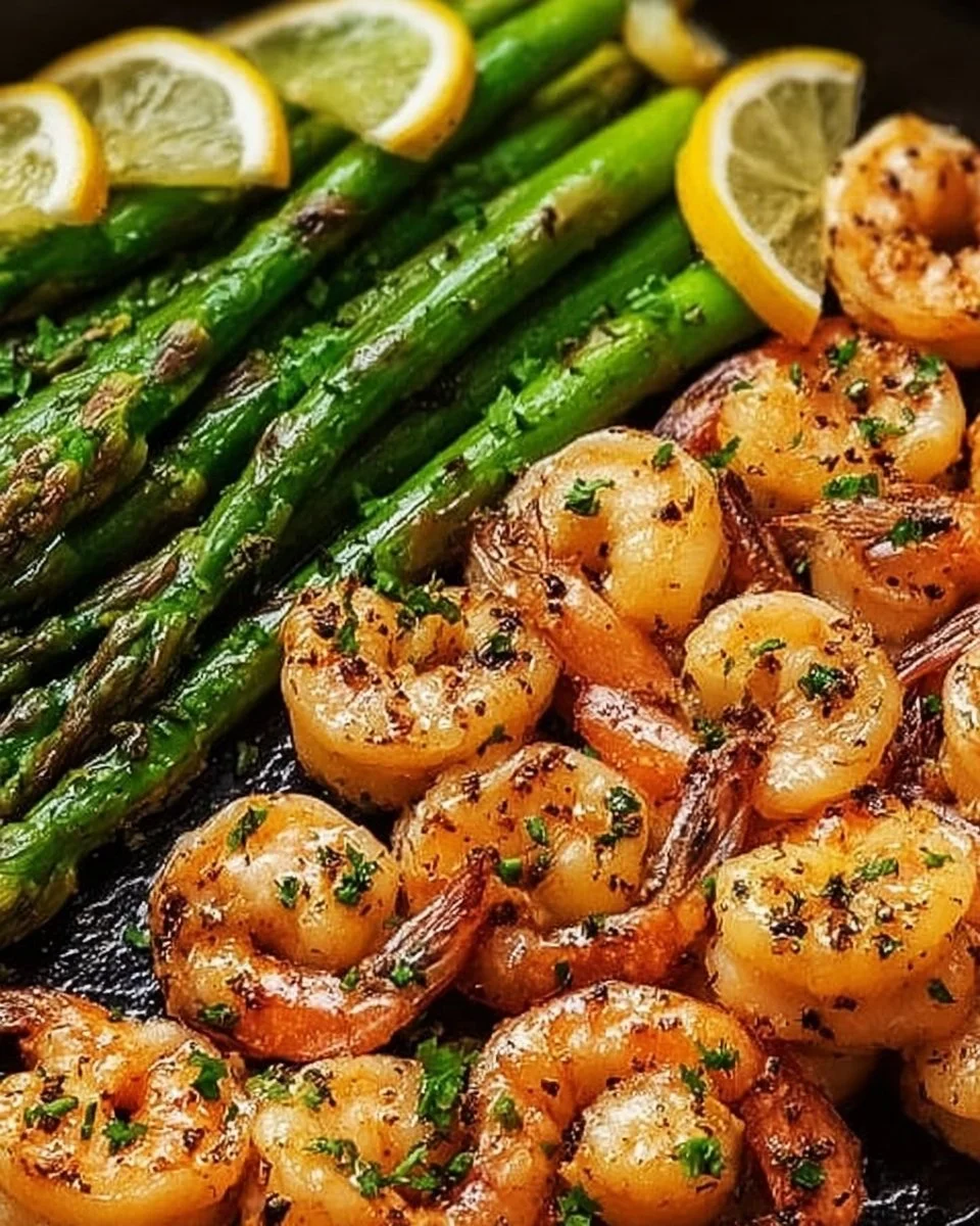 Delicious Lemon Garlic Shrimp served with asparagus for a healthy meal
