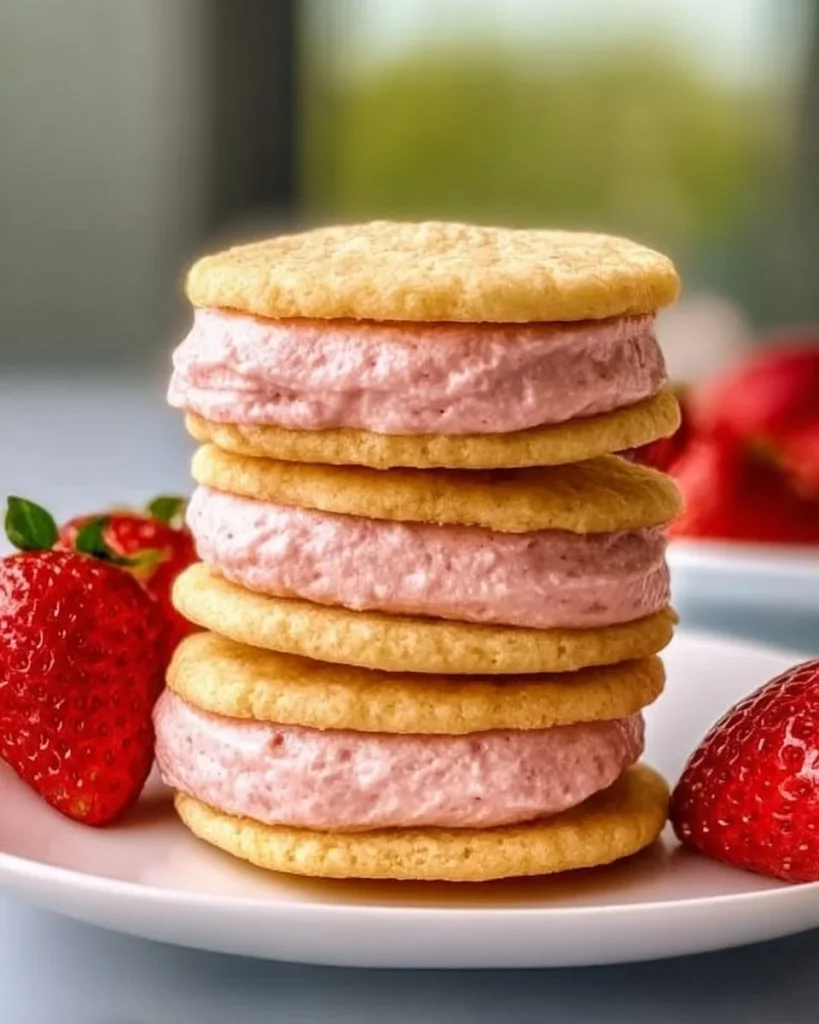Lemon sandwich cookies with strawberry frosting on a plate