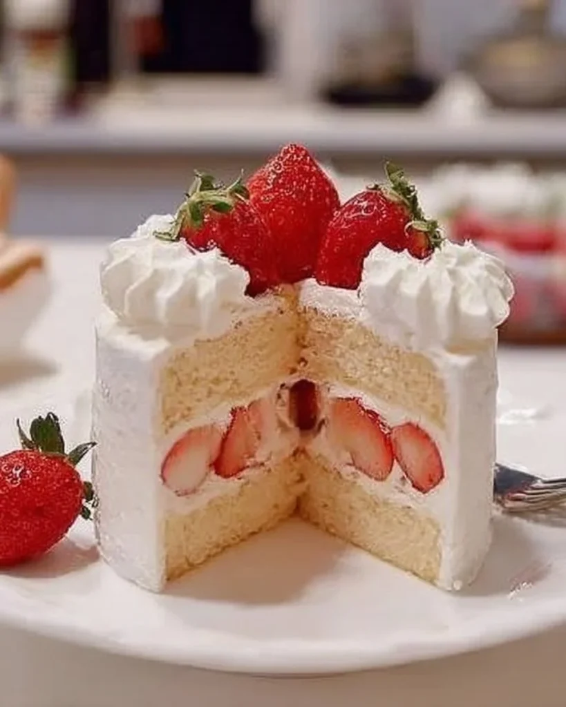 Light and fluffy Japanese strawberry shortcake topped with fresh strawberries