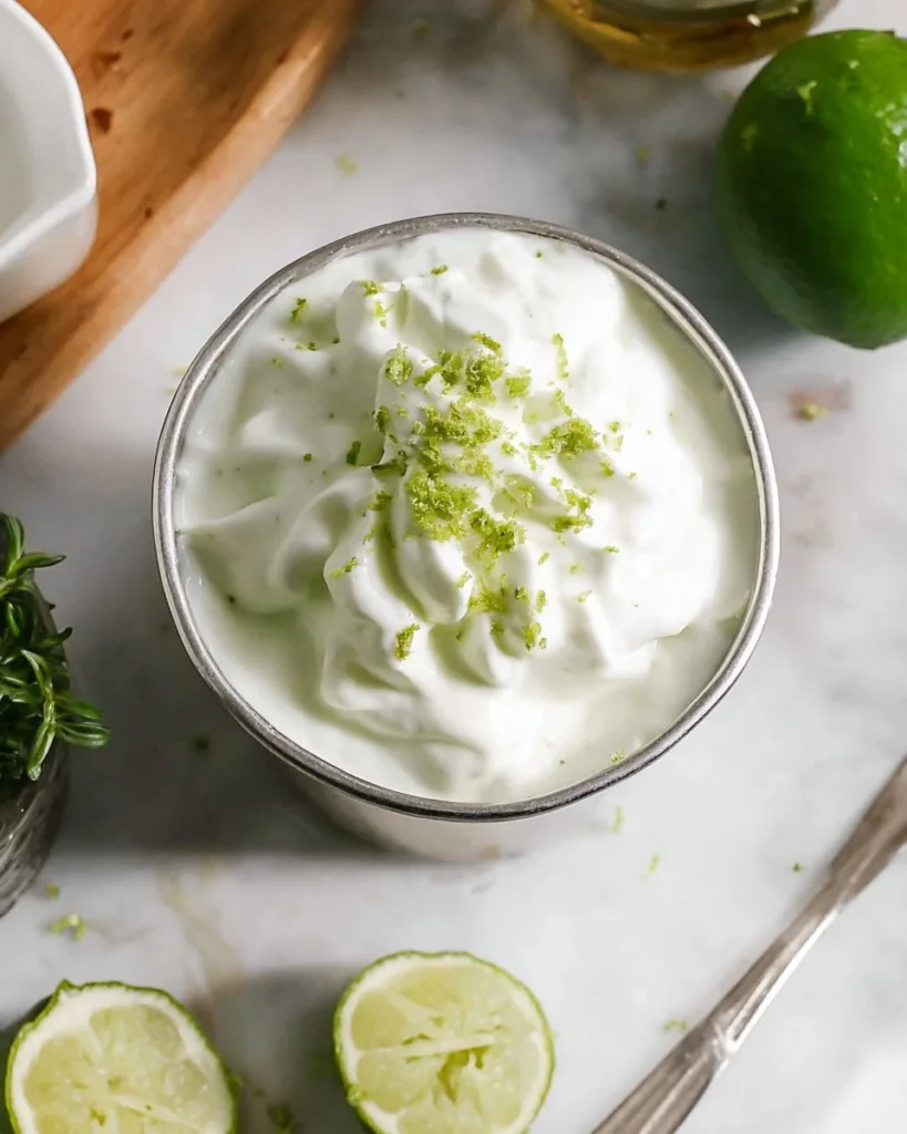 Delicious lime cream dessert in a bowl with fresh lime slices