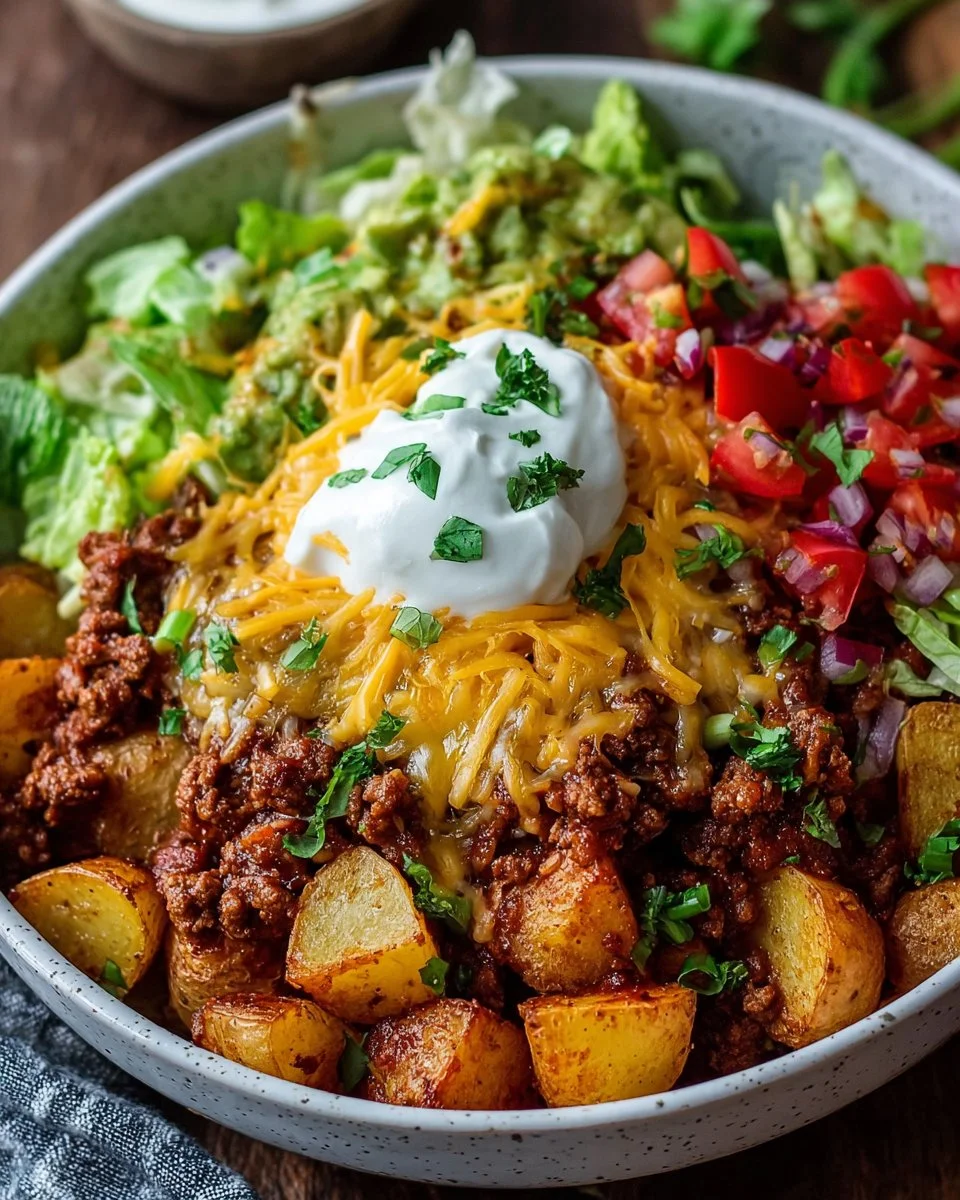 Delicious Loaded Potato Taco Bowl packed with ingredients and flavors