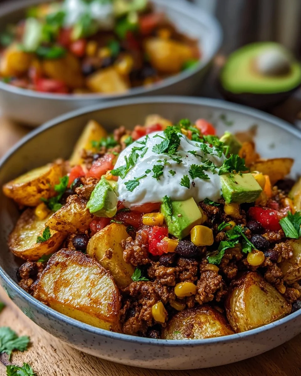 Loaded Southwest Potato Bowls topped with fresh ingredients and spices.