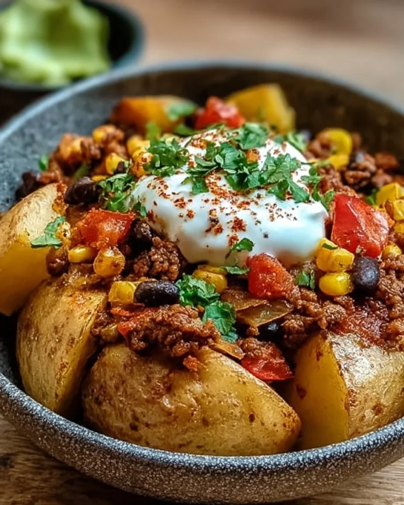 Delicious Loaded Southwest Potato Bowls topped with fresh ingredients