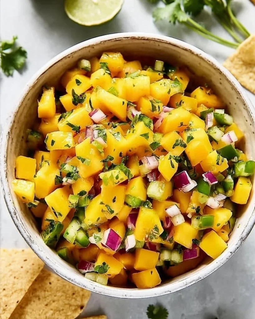 Fresh mango salsa in a bowl with colorful vegetables and herbs