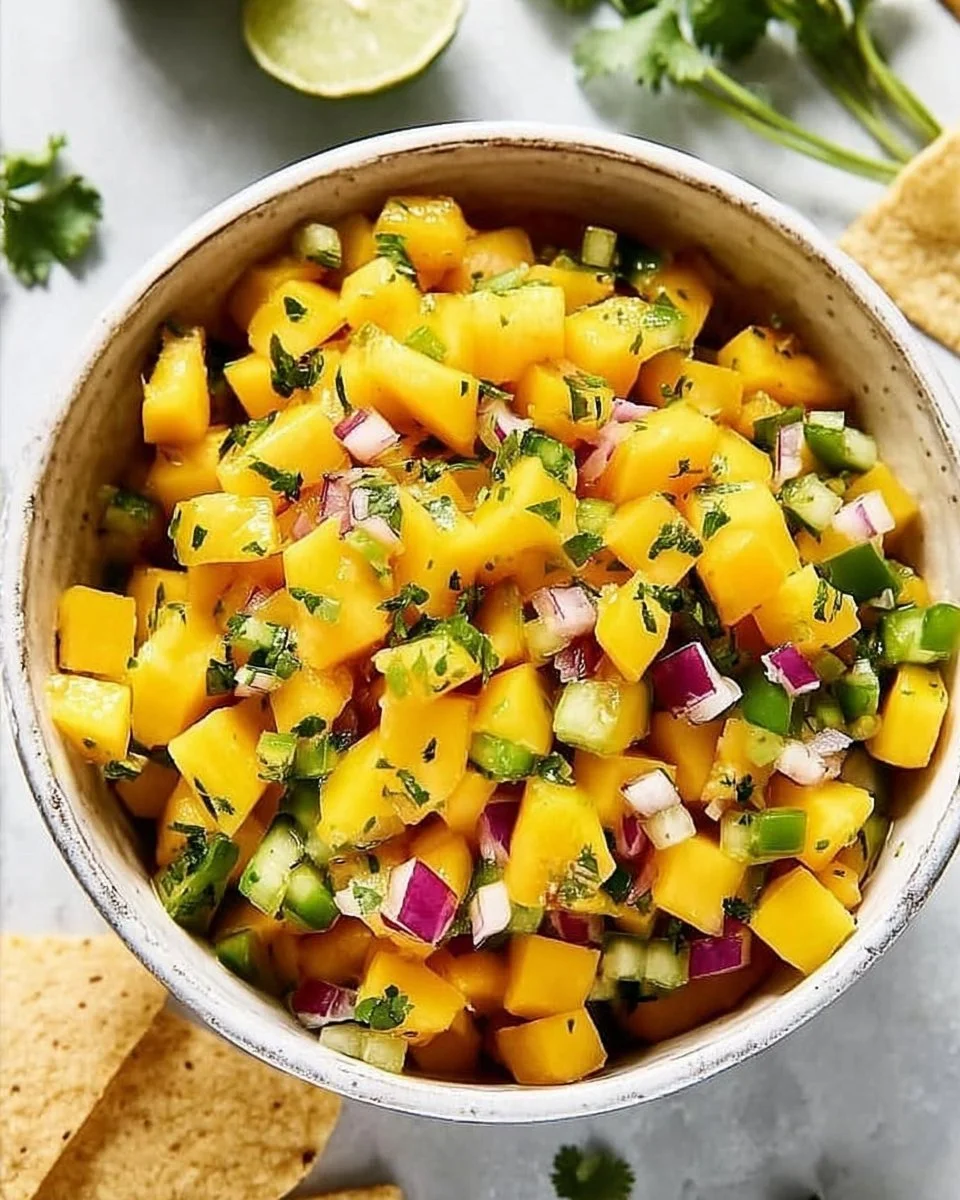 Fresh mango salsa in a bowl with colorful vegetables and herbs