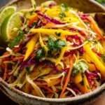 Colorful mango slaw served in a bowl, showcasing vibrant fruits and vegetables.