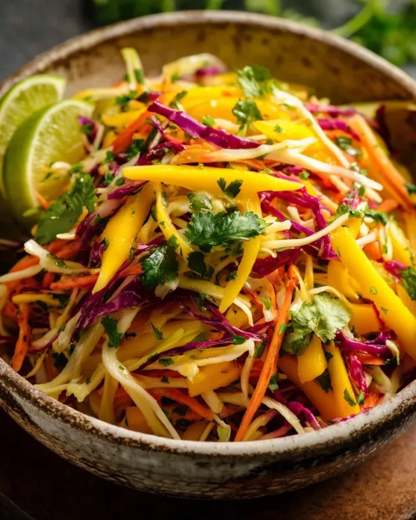 Colorful mango slaw served in a bowl, showcasing vibrant fruits and vegetables.