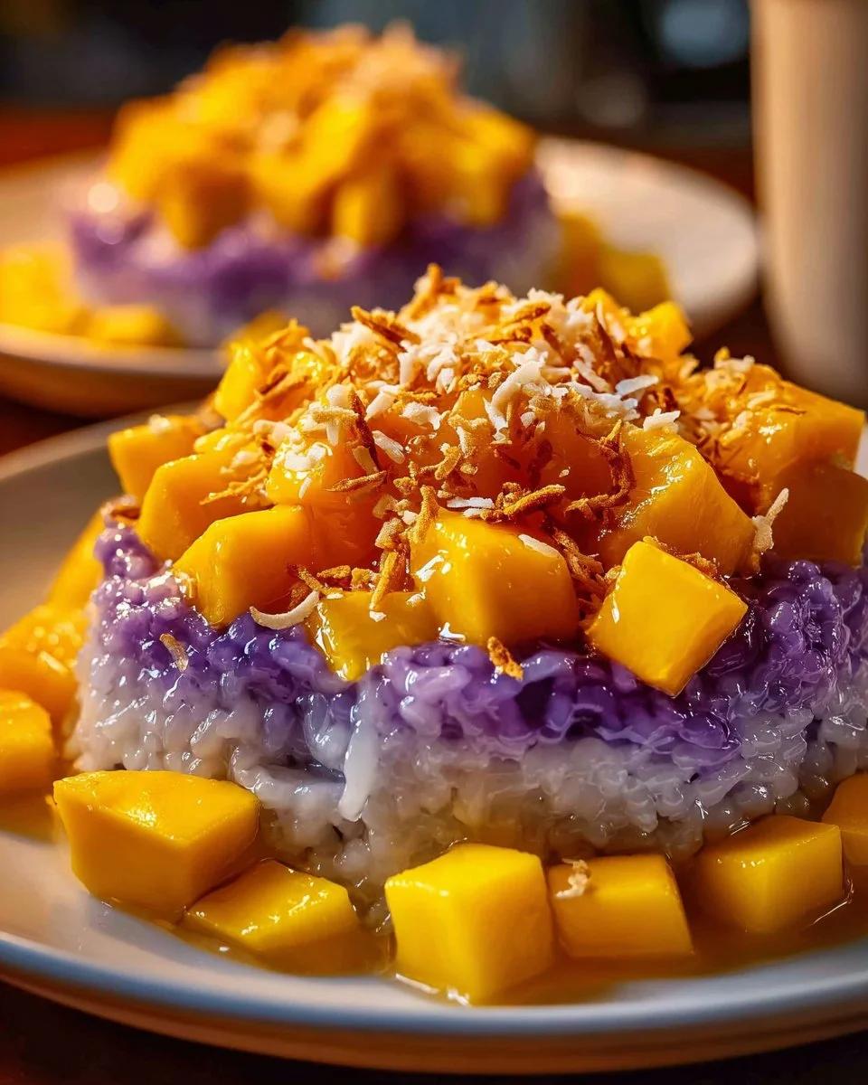 A bowl of Mango Ube Sticky Rice with fresh mango slices and ube topping.
