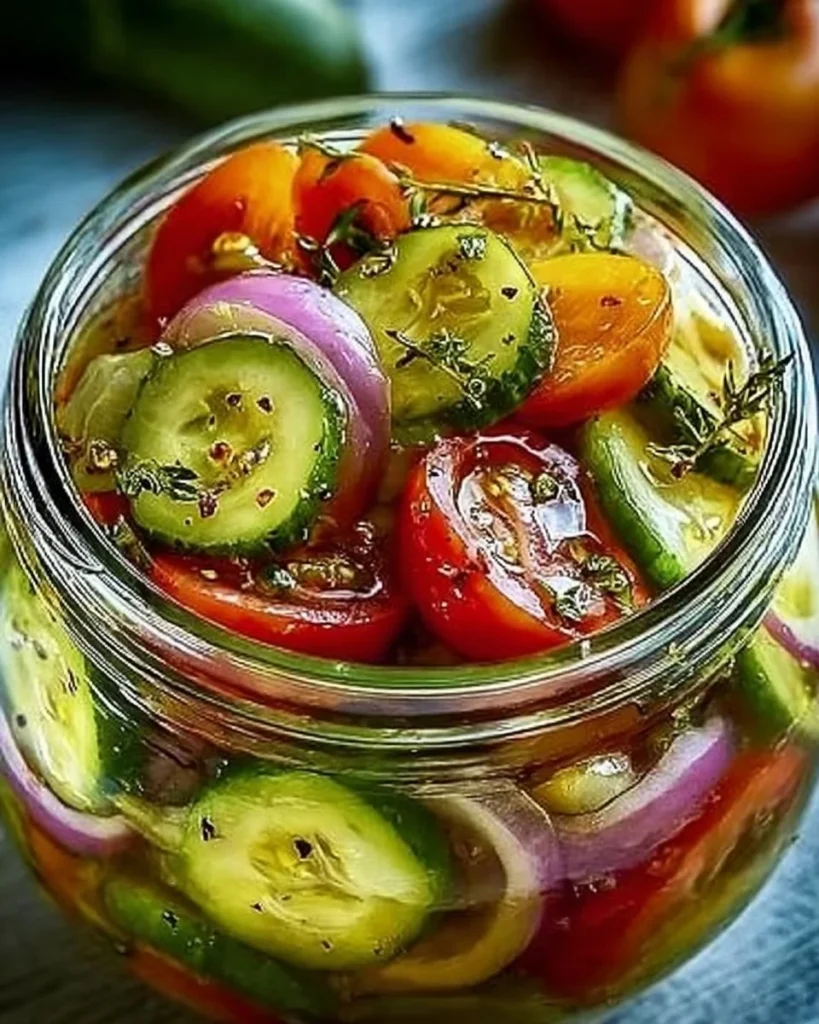 Fresh marinated cucumbers with onions and tomatoes in a serving bowl