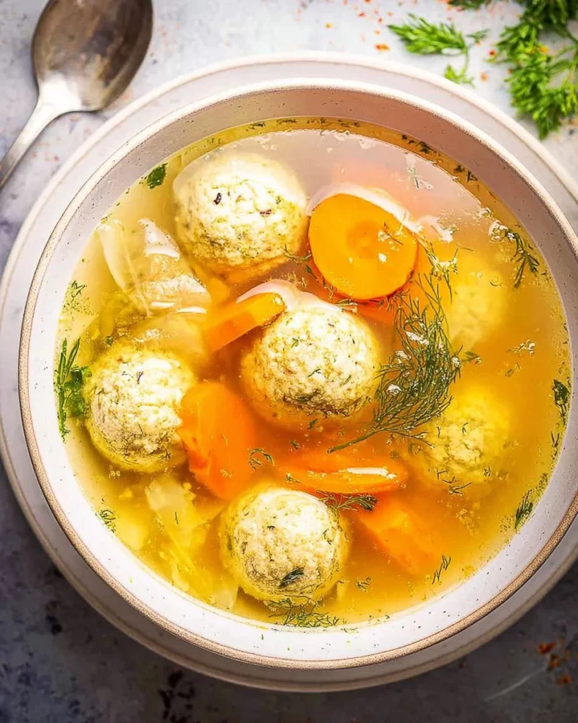 A warm bowl of Matzo Ball Soup with fluffy matzo balls and fresh herbs