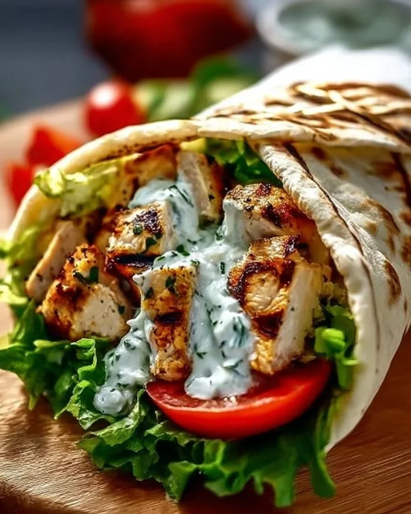 Mediterranean Chicken Gyros with creamy feta tzatziki sauce served in pita bread