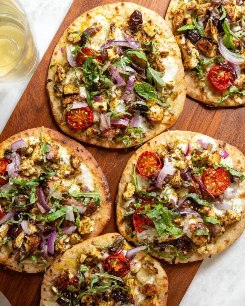 Mediterranean Chicken Shawarma Pizza topped with fresh ingredients and spices