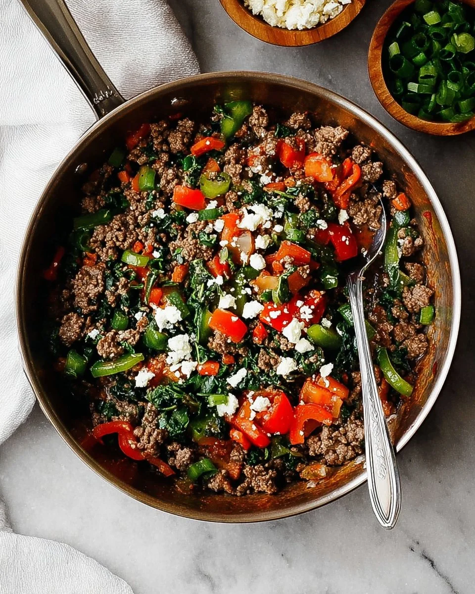 Mediterranean ground beef stir fry served in a colorful bowl with vegetables