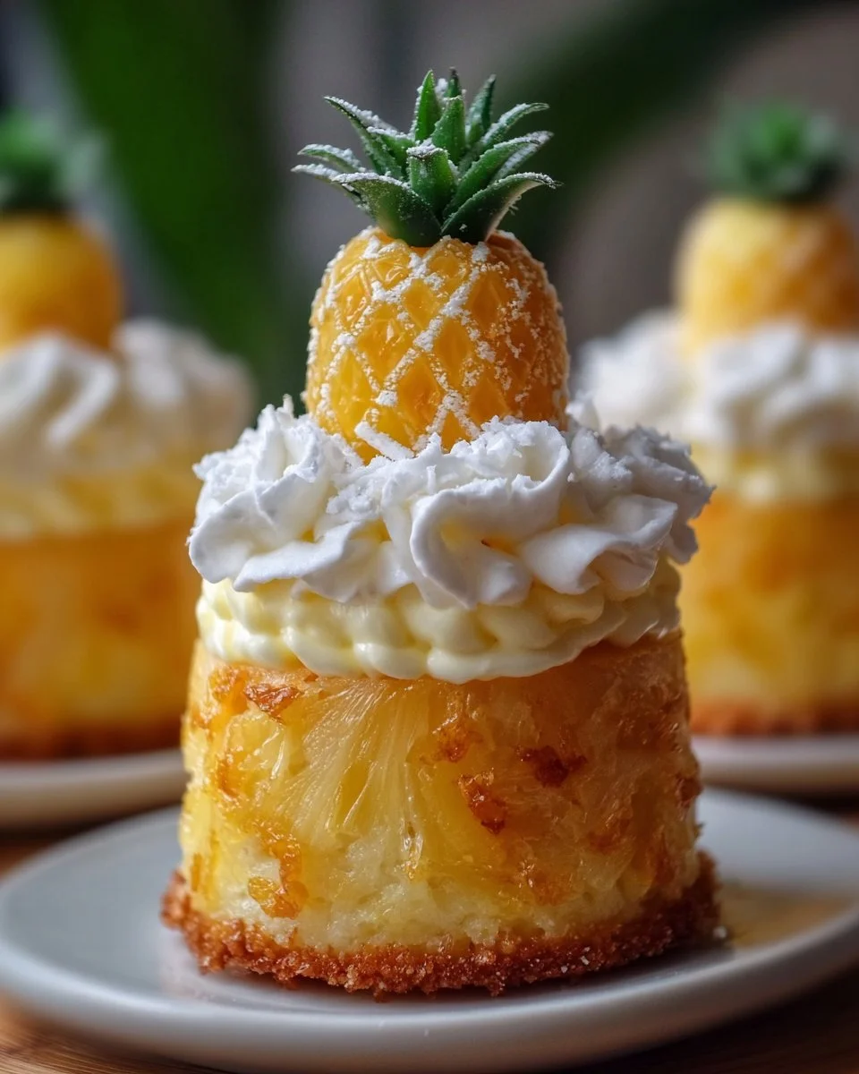 Mini pineapple cakes topped with fresh pineapple slices and icing.