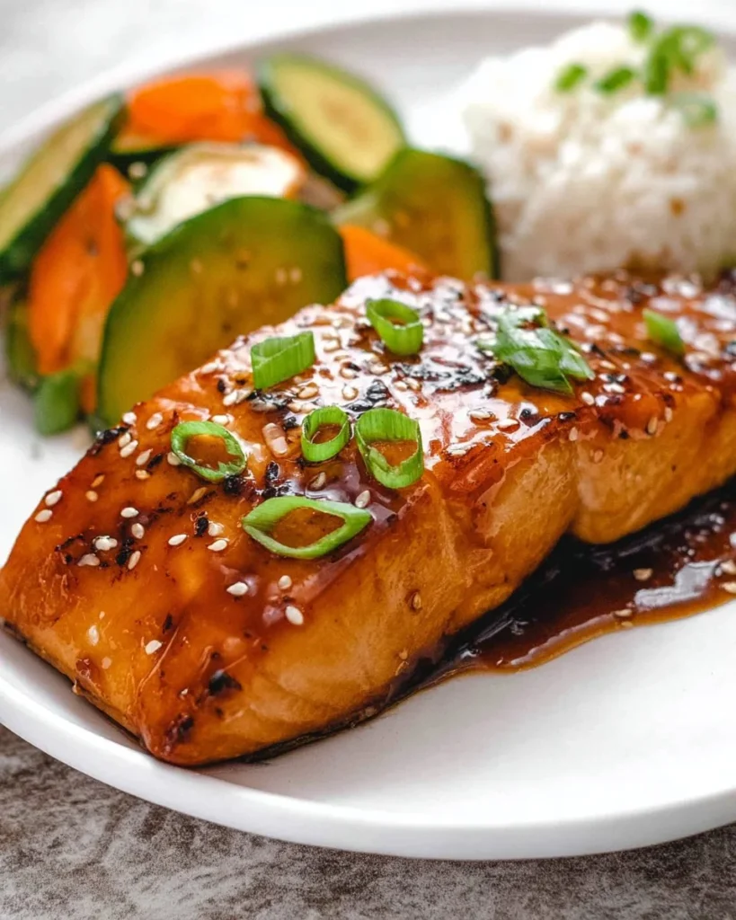 Plate of miso glazed salmon garnished with green onions and sesame seeds