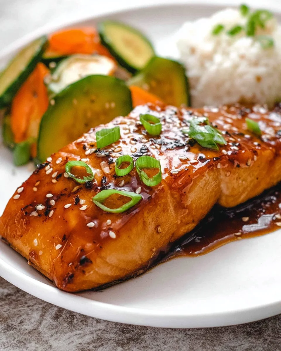 Plate of miso glazed salmon garnished with green onions and sesame seeds
