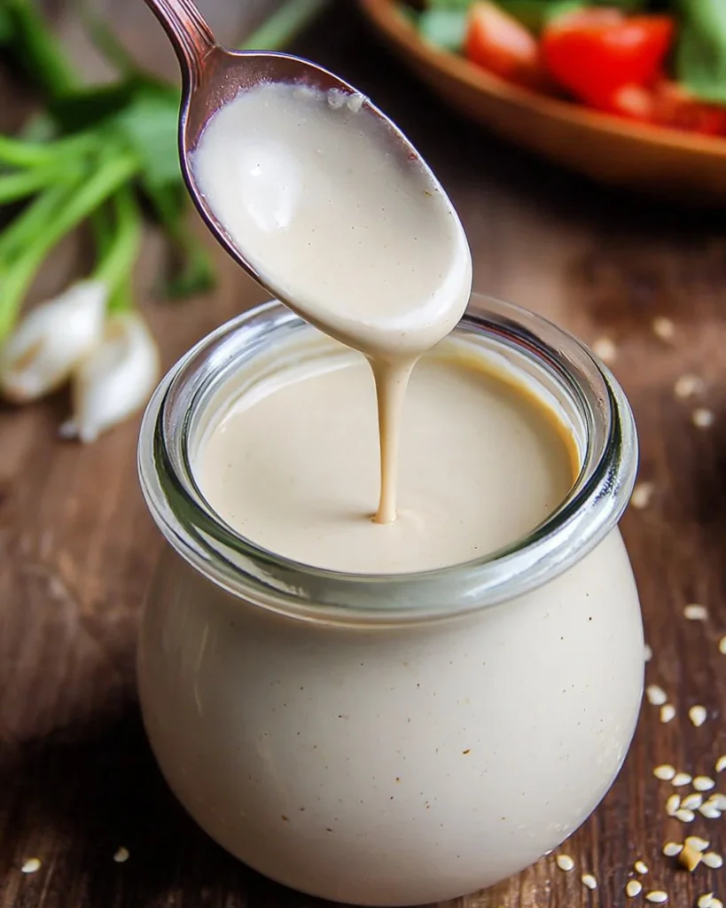 Creamy vegan miso tahini dressing served in a bowl with fresh vegetables