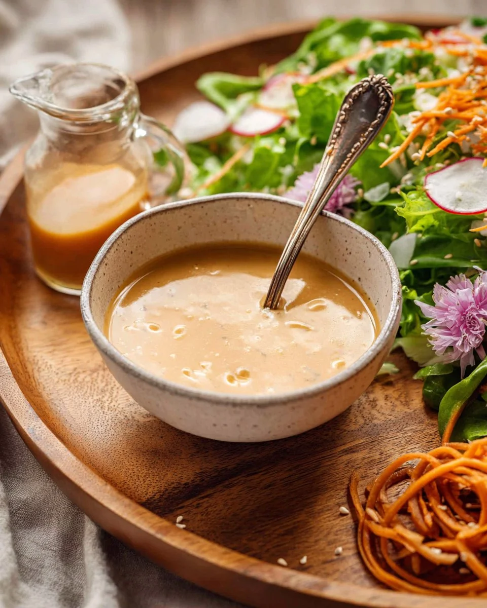 Miso vinaigrette drizzled on a fresh salad with vibrant vegetables.