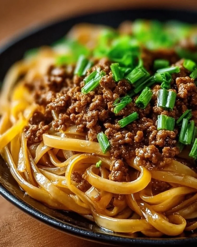 Delicious Mongolian ground beef noodles with veggies served in a bowl.