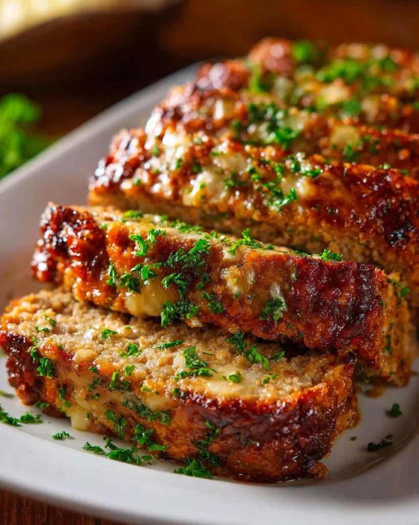 Deliciously baked Garlic Parmesan Meatloaf served with herbs