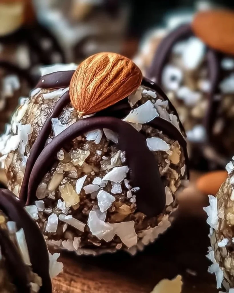 Delicious no-bake Almond Joy protein balls with chocolate and coconut
