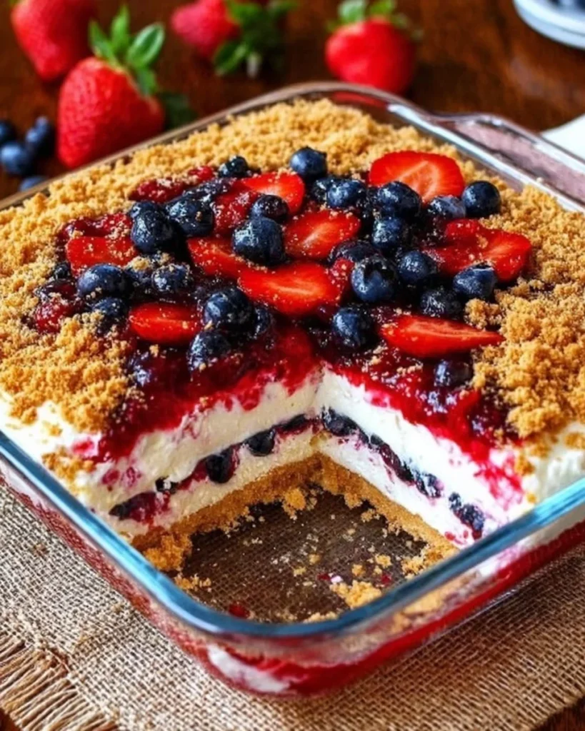 No-bake mixed berry yum yum dessert topped with fresh berries