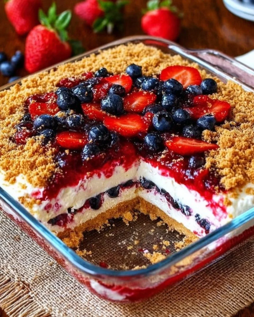 No-bake mixed berry yum yum dessert topped with fresh berries