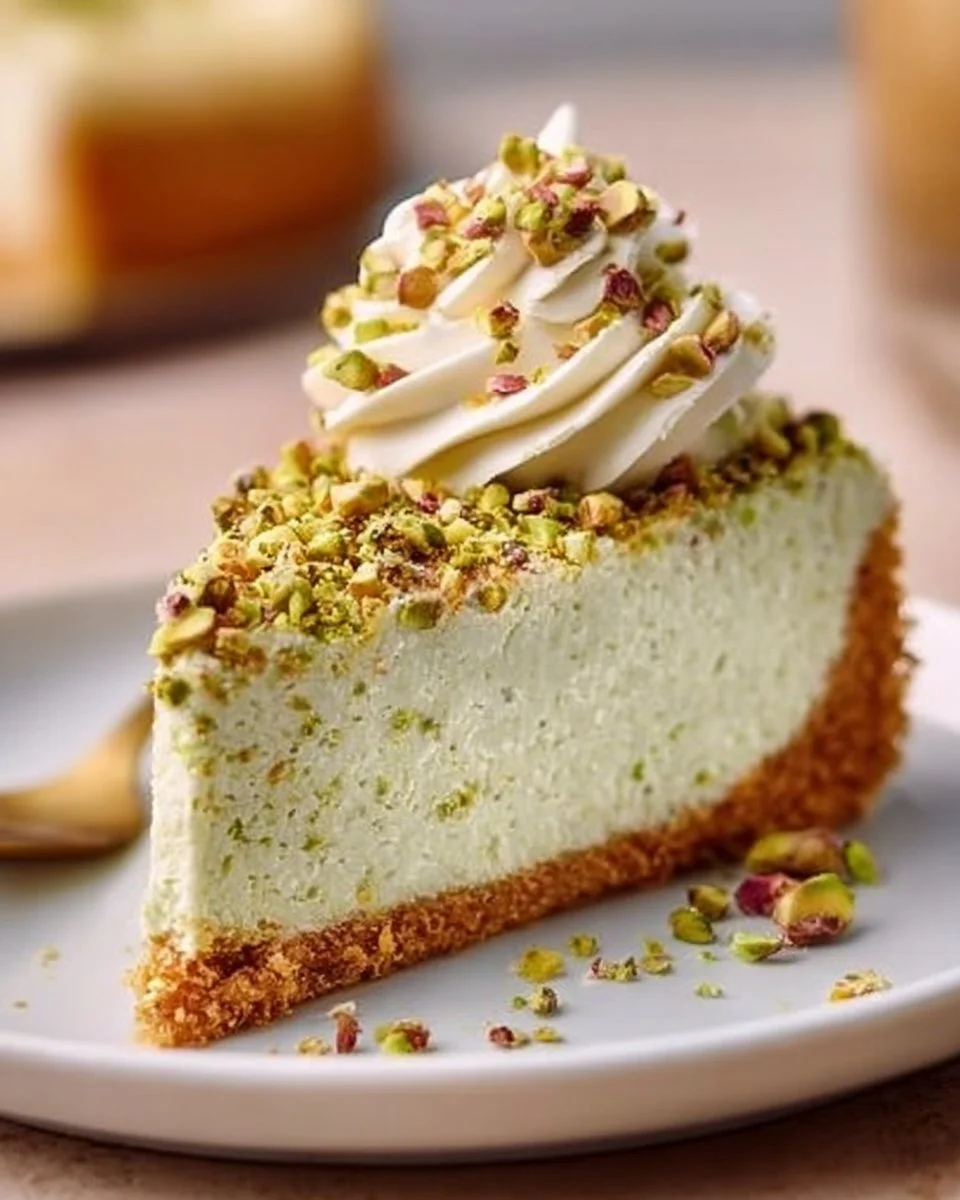 Delicious no-bake pistachio cheesecake topped with crushed pistachios.