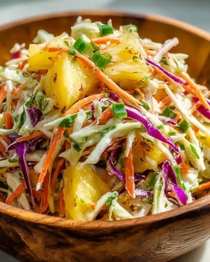 No-Mayo Hawaiian Pineapple Coleslaw served in a bowl with fresh ingredients