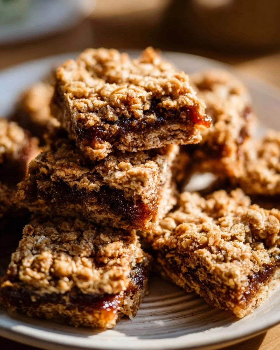 Homemade oatmeal fig bars topped with oats and figs on a wooden surface
