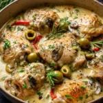 One-pan creamy chicken thighs served on a plate with vegetables