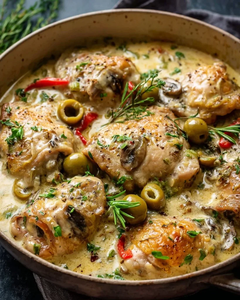 One-pan creamy chicken thighs served on a plate with vegetables