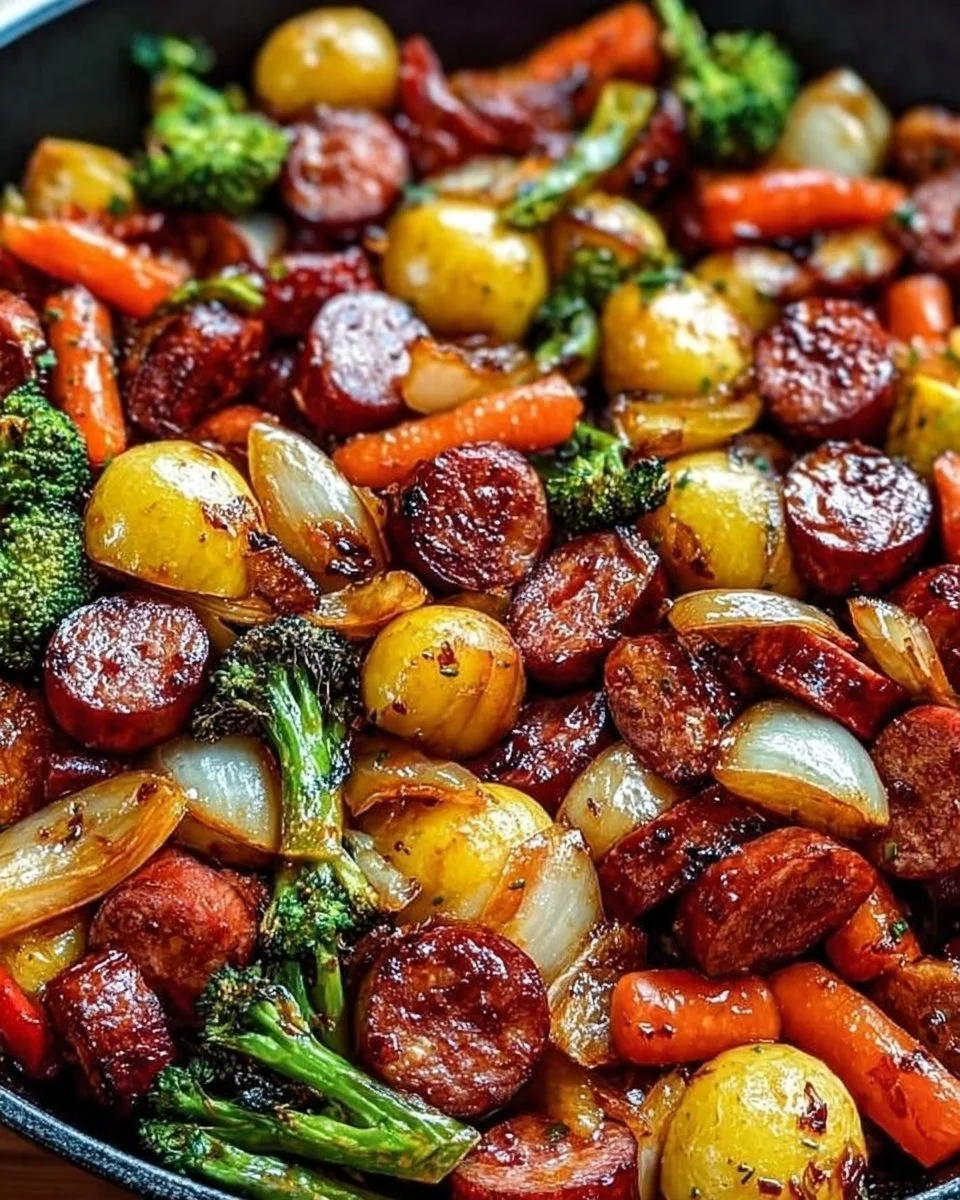 One-Pan Honey Garlic Kielbasa with assorted vegetables