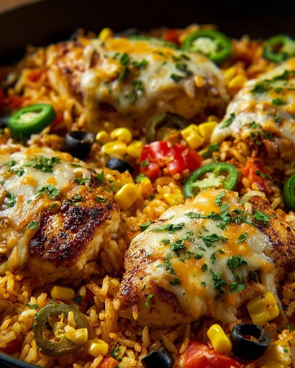 One Pan Mexican Chicken and Rice dish garnished with fresh herbs